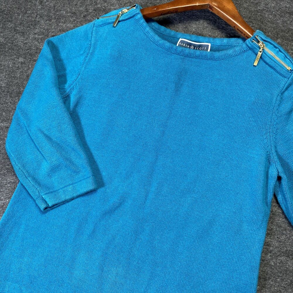 Karen Scott Women’s Teal Knit 3/4 Sleeve Round Neck Top Zip Shoulders